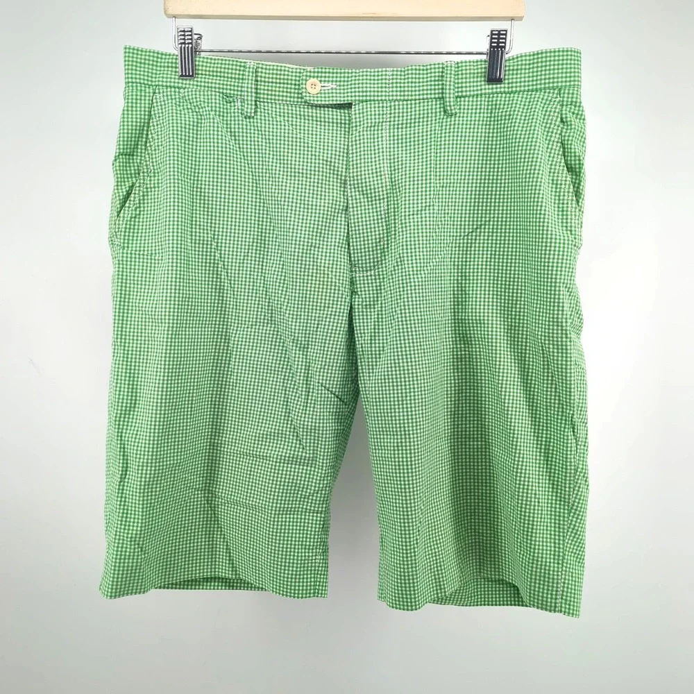 Polo Ralph Lauren Men's Green Gingham‎ Shorts Size 35 Flat Front Preppy Casual